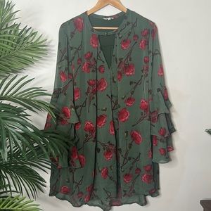Umgee Green Long Sleeve Ruffle Floral Dress